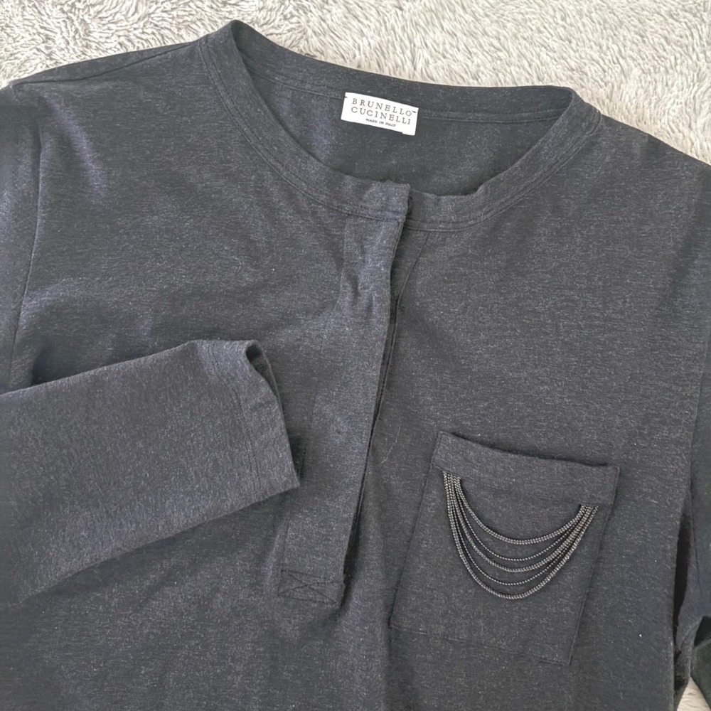 Brunello Cucinelli Monili Pocket Henley Top Chain Charcoal Gray Women L Italy